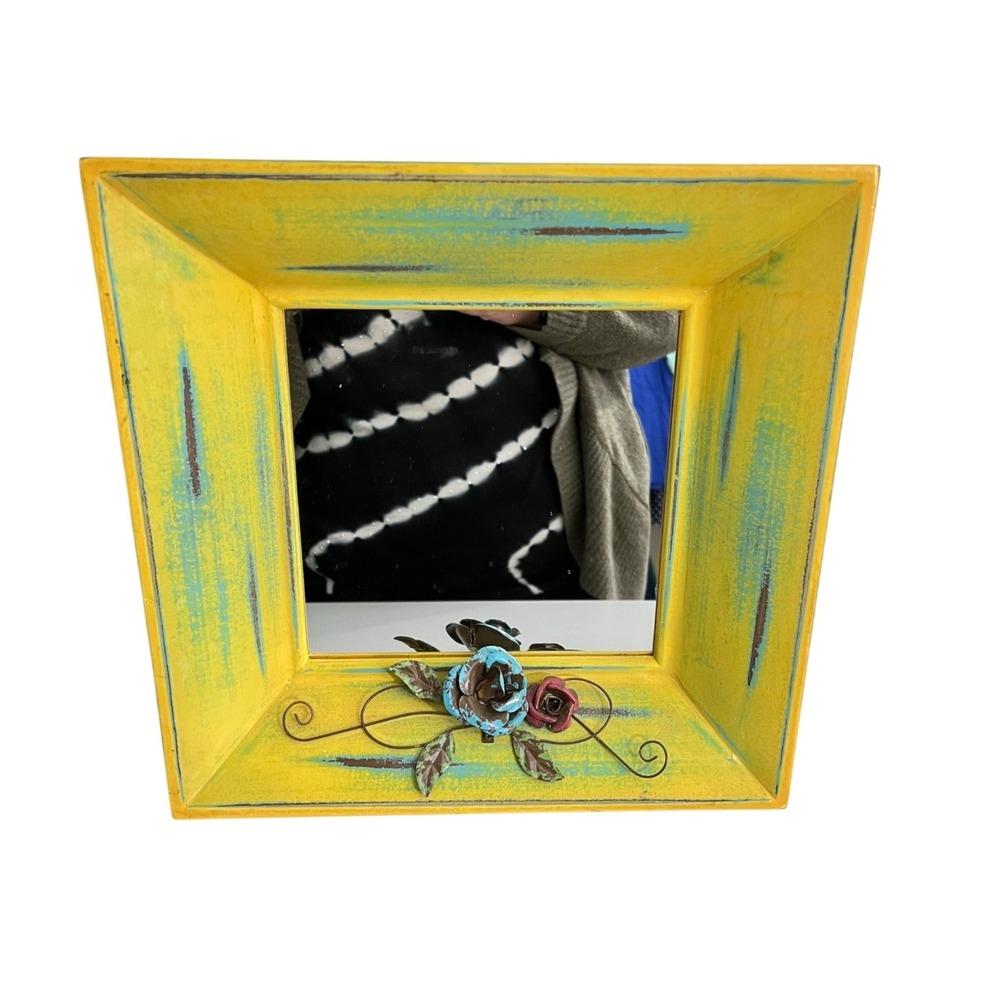 Pier 1 Wall Mirror Yellow Distressed Wood Metal Floral Rose Rustic